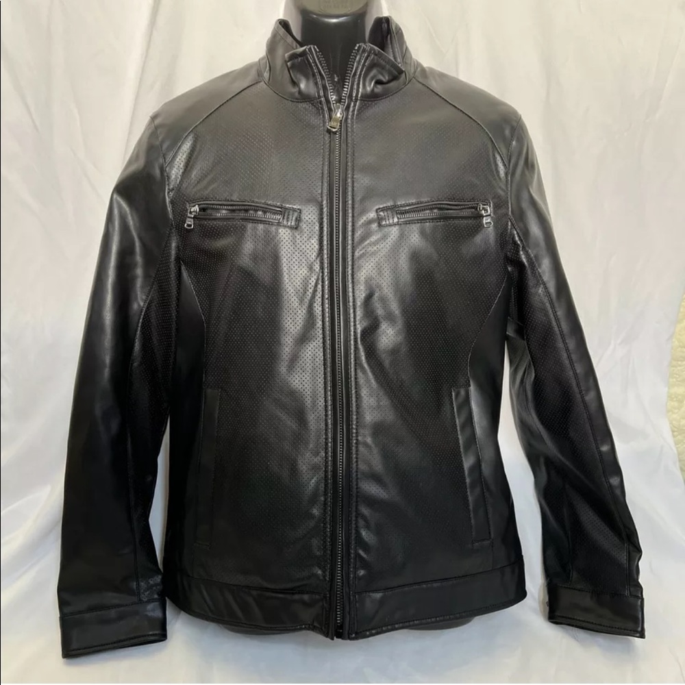 Michael Kors Women's Black Full-Zip Collared Cropped Faux Leather Jacket (S)